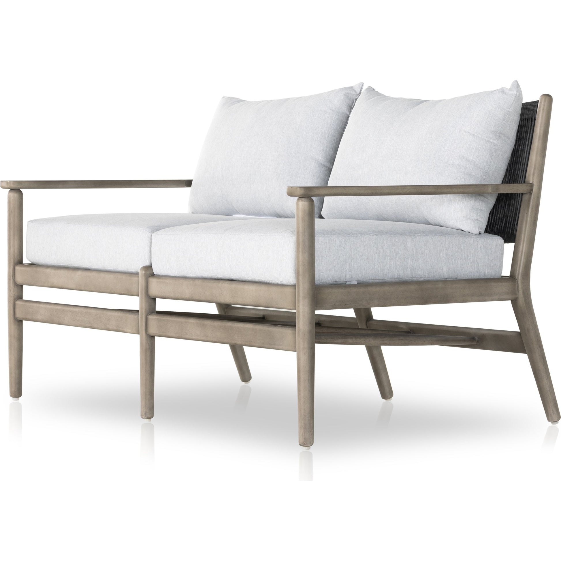 Rosen Outdoor Sofa by Four Hands in lakin oat, natural eucalyptus fsc, natural rope. Made from 100% olefin, solid fsc®-certified eucalyptus, 98% polypropylene, 2% polyester in a coastal style.