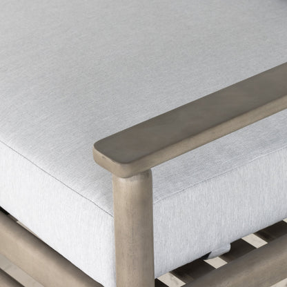 Rosen Outdoor Sofa by Four Hands in lakin oat, natural eucalyptus fsc, natural rope. Made from 100% olefin, solid fsc®-certified eucalyptus, 98% polypropylene, 2% polyester in a coastal style.