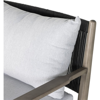 Rosen Outdoor Sofa by Four Hands in lakin oat, natural eucalyptus fsc, natural rope. Made from 100% olefin, solid fsc®-certified eucalyptus, 98% polypropylene, 2% polyester in a coastal style.