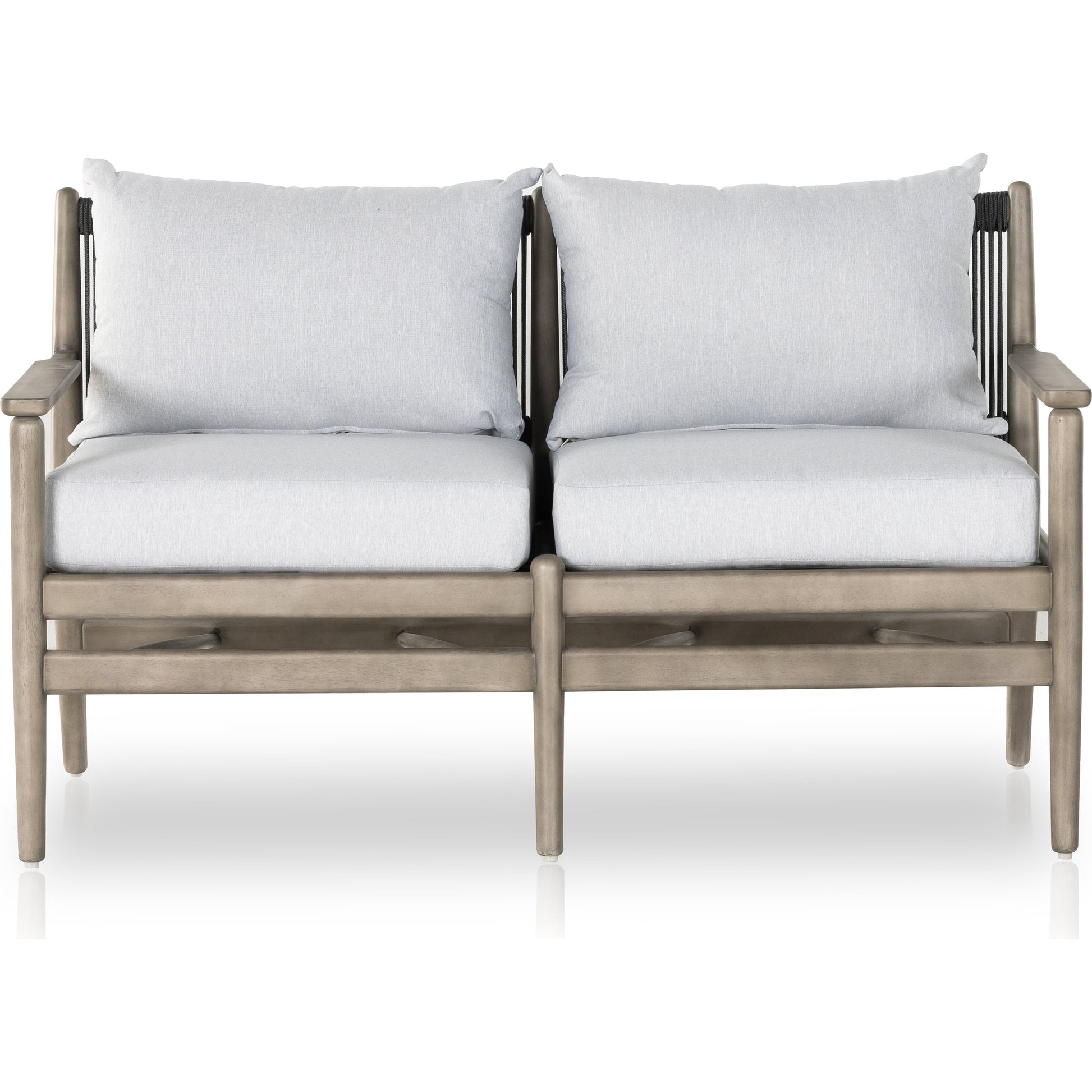 Rosen Outdoor Sofa by Four Hands in lakin oat, natural eucalyptus fsc, natural rope. Made from 100% olefin, solid fsc®-certified eucalyptus, 98% polypropylene, 2% polyester in a coastal style.