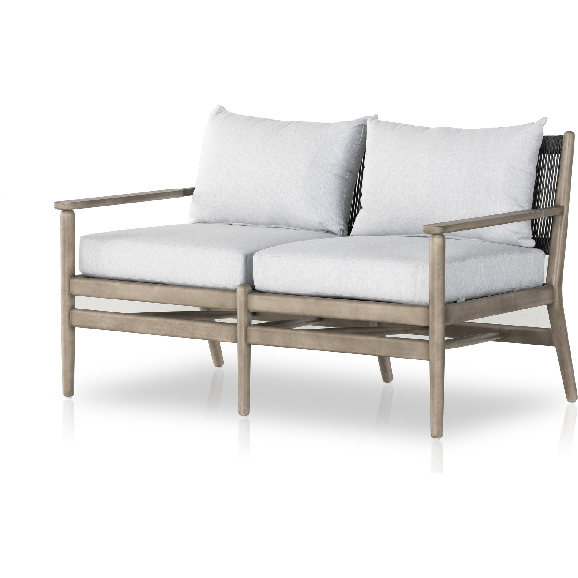 Rosen Outdoor Sofa by Four Hands in lakin oat, natural eucalyptus fsc, natural rope. Made from 100% olefin, solid fsc®-certified eucalyptus, 98% polypropylene, 2% polyester in a coastal style.