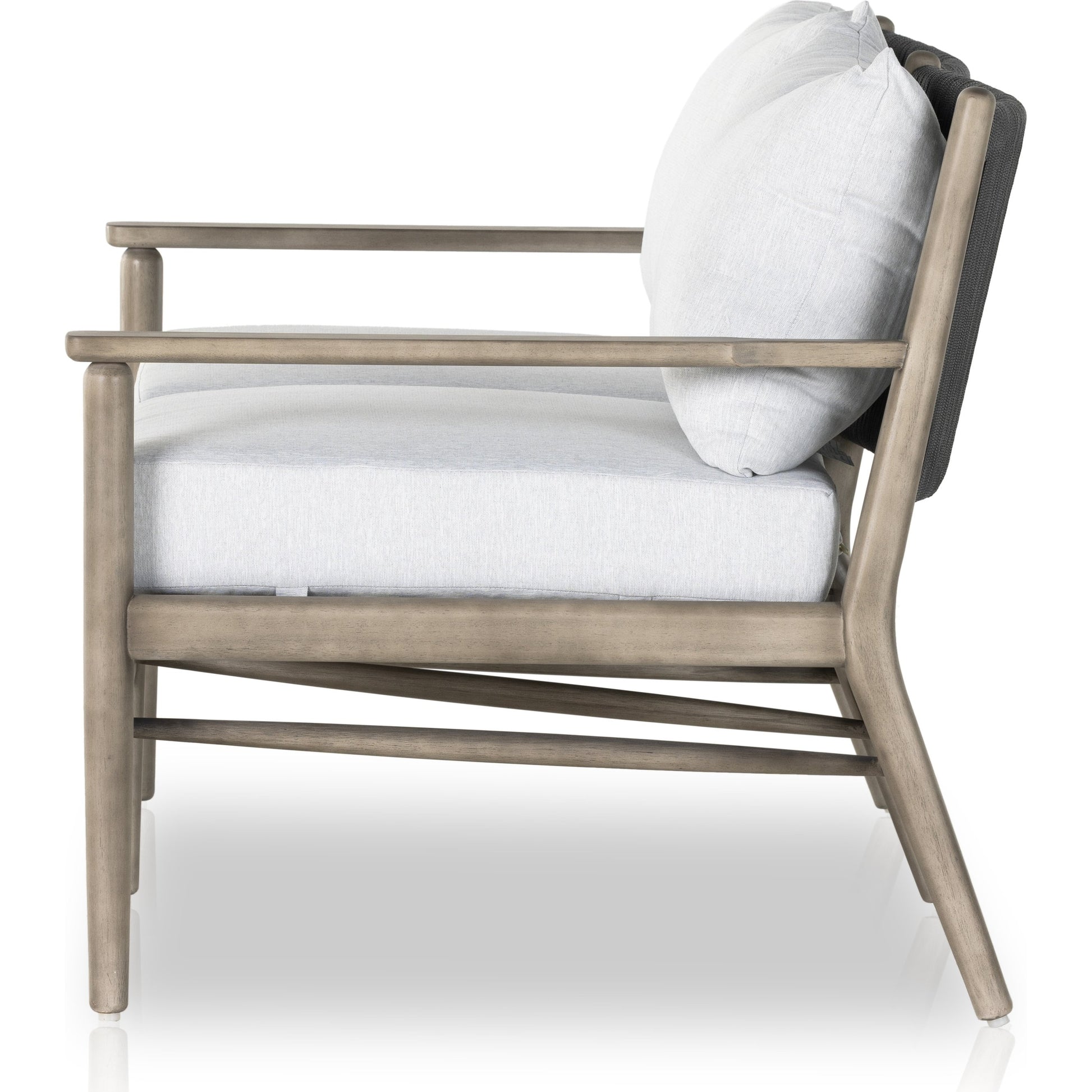 Rosen Outdoor Sofa by Four Hands in lakin oat, natural eucalyptus fsc, natural rope. Made from 100% olefin, solid fsc®-certified eucalyptus, 98% polypropylene, 2% polyester in a coastal style.