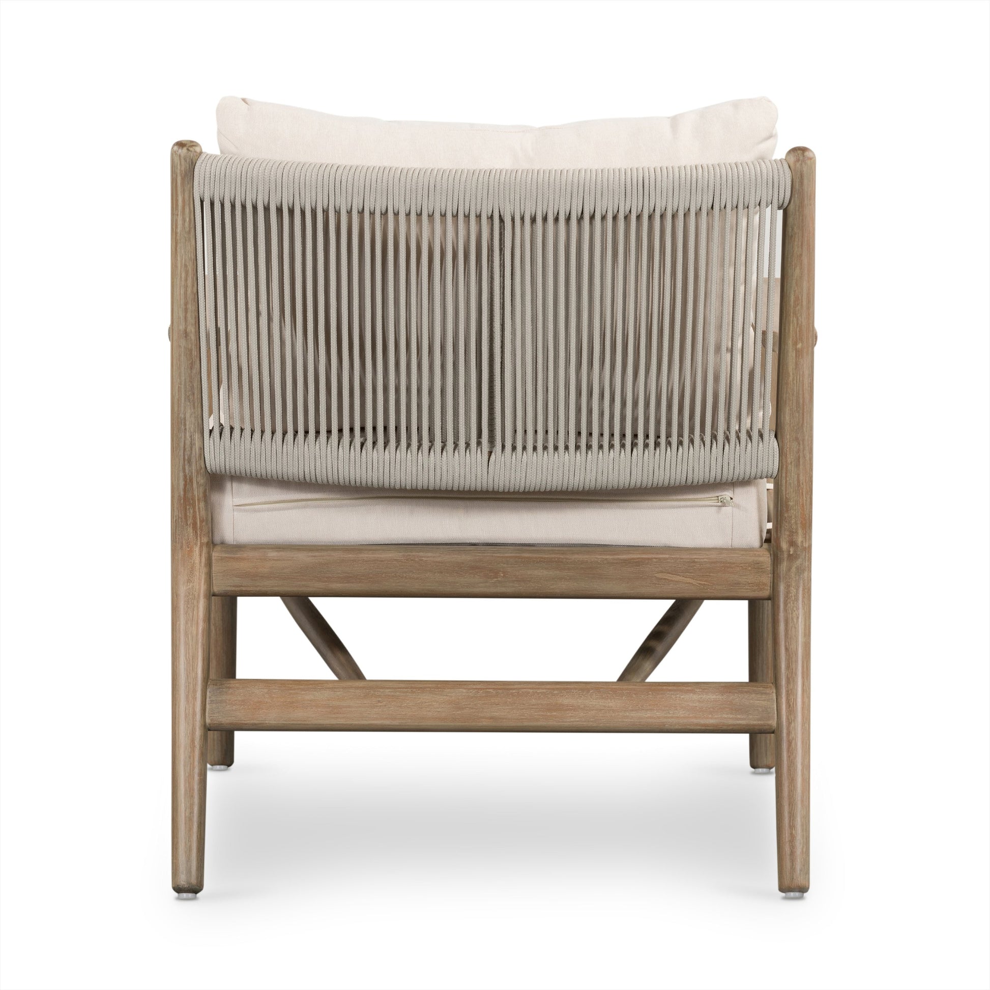Rosen Outdoor Chair by Four Hands in lakin oat. Made from 100% olefin, solid fsc®-certified eucalyptus, 98% polypropylene, 2% polyester in a coastal style.