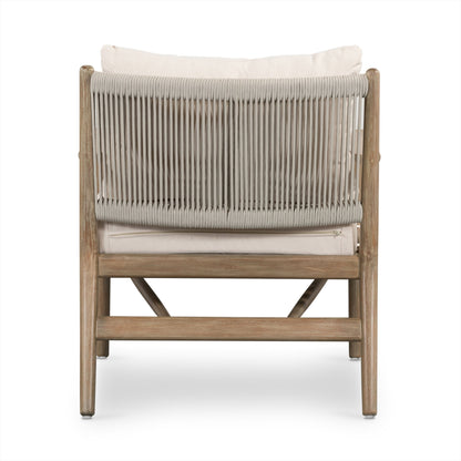 Rosen Outdoor Chair by Four Hands in lakin oat. Made from 100% olefin, solid fsc®-certified eucalyptus, 98% polypropylene, 2% polyester in a coastal style.