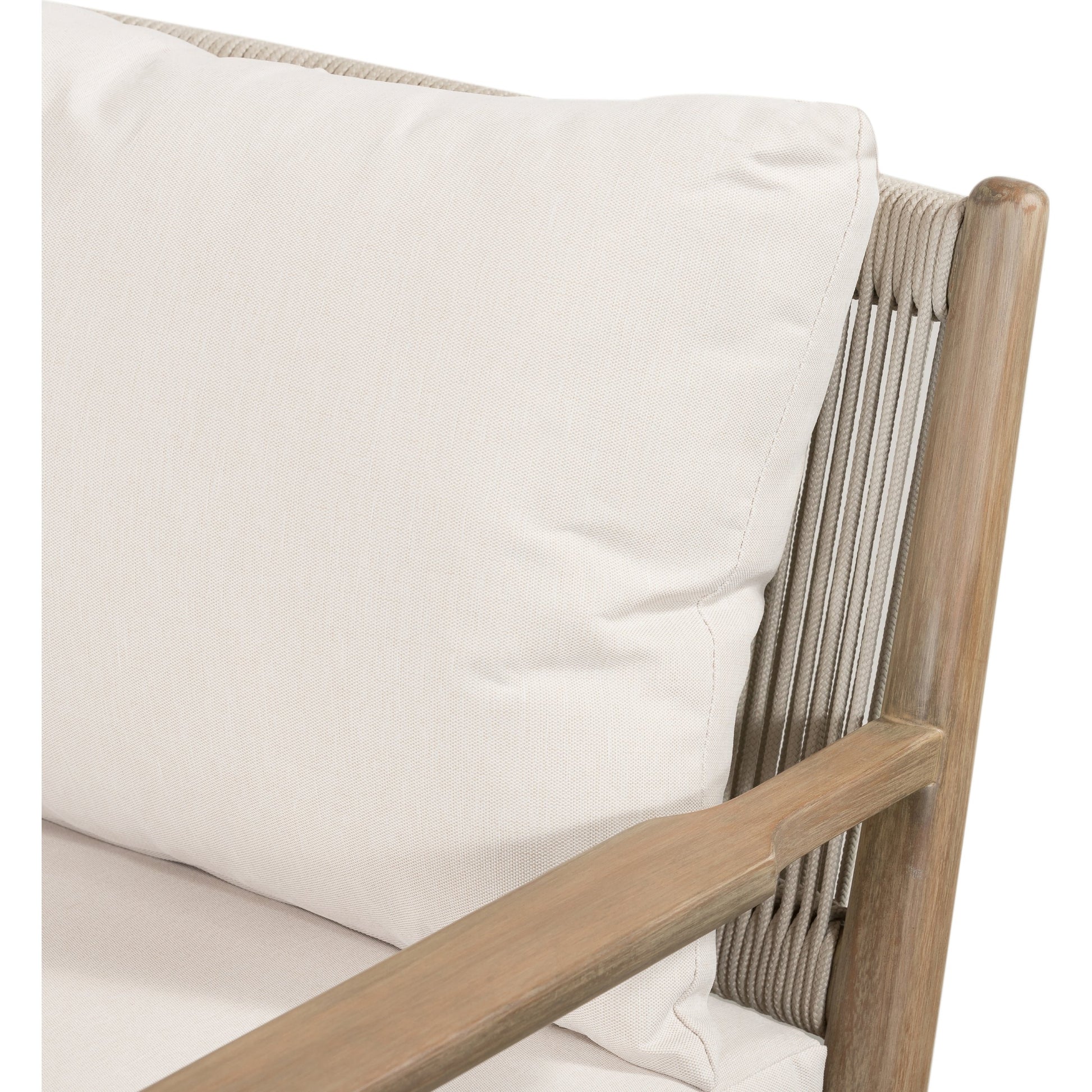 Rosen Outdoor Chair by Four Hands in lakin oat. Made from 100% olefin, solid fsc®-certified eucalyptus, 98% polypropylene, 2% polyester in a coastal style.