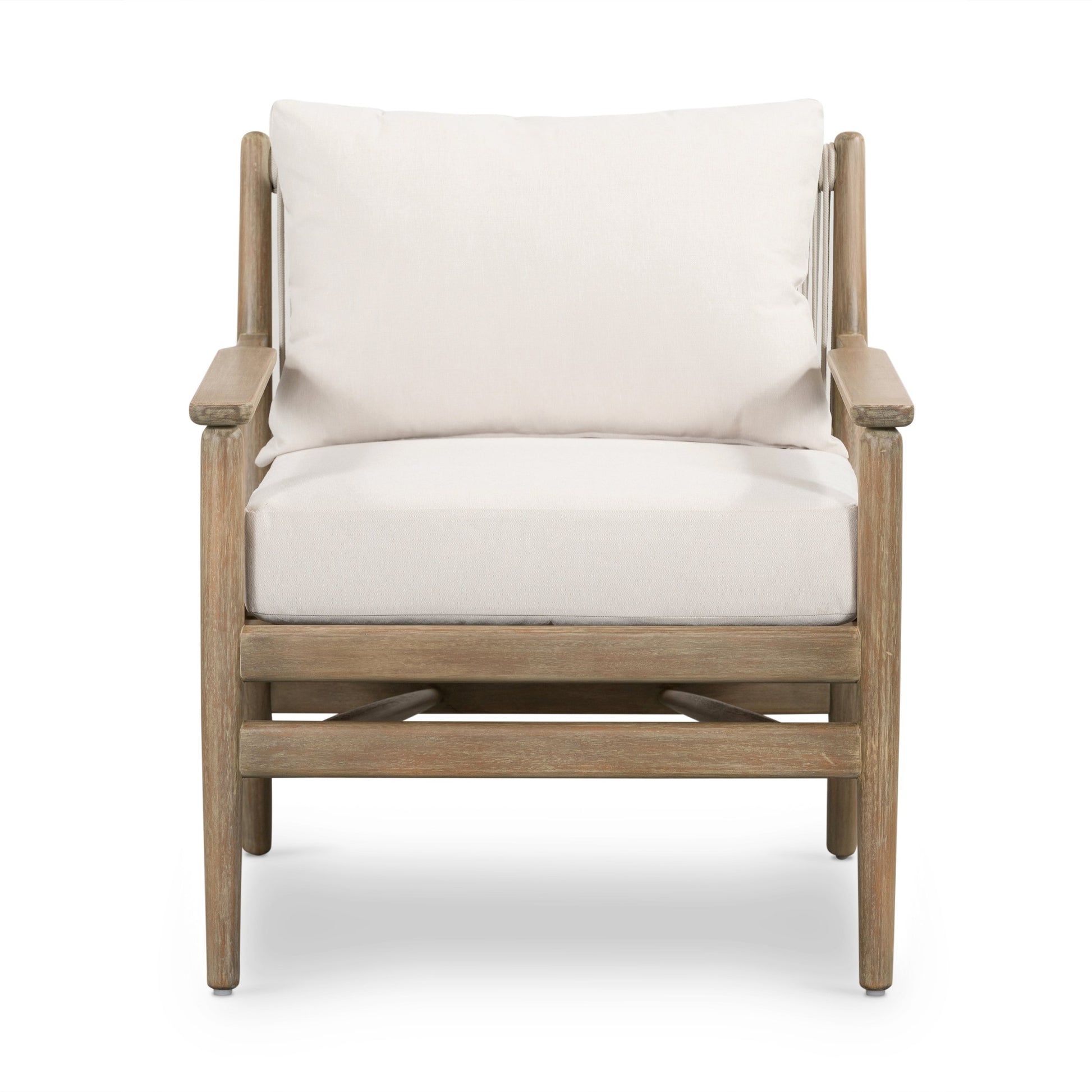 Rosen Outdoor Chair by Four Hands in lakin oat. Made from 100% olefin, solid fsc®-certified eucalyptus, 98% polypropylene, 2% polyester in a coastal style.