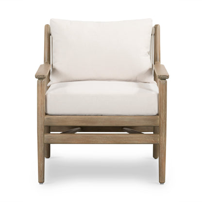 Rosen Outdoor Chair by Four Hands in lakin oat. Made from 100% olefin, solid fsc®-certified eucalyptus, 98% polypropylene, 2% polyester in a coastal style.