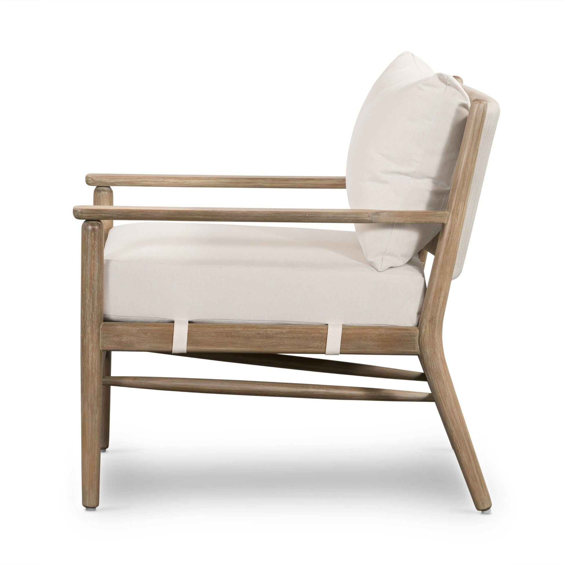 Rosen Outdoor Chair by Four Hands in lakin oat. Made from 100% olefin, solid fsc®-certified eucalyptus, 98% polypropylene, 2% polyester in a coastal style.
