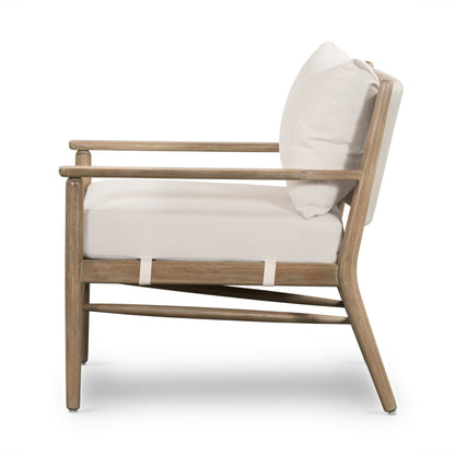 Rosen Outdoor Chair by Four Hands in lakin oat. Made from 100% olefin, solid fsc®-certified eucalyptus, 98% polypropylene, 2% polyester in a coastal style.