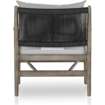 Rosen Outdoor Chair by Four Hands in lakin oat. Made from 100% olefin, solid fsc®-certified eucalyptus, 98% polypropylene, 2% polyester in a coastal style.