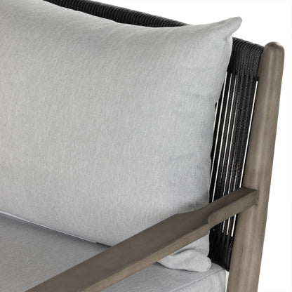 Rosen Outdoor Chair by Four Hands in lakin oat. Made from 100% olefin, solid fsc®-certified eucalyptus, 98% polypropylene, 2% polyester in a coastal style.