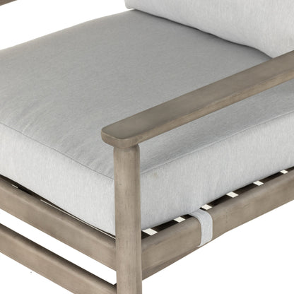 Rosen Outdoor Chair by Four Hands in lakin oat. Made from 100% olefin, solid fsc®-certified eucalyptus, 98% polypropylene, 2% polyester in a coastal style.