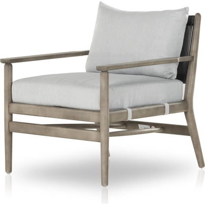 Rosen Outdoor Chair by Four Hands in lakin oat. Made from 100% olefin, solid fsc®-certified eucalyptus, 98% polypropylene, 2% polyester in a coastal style.