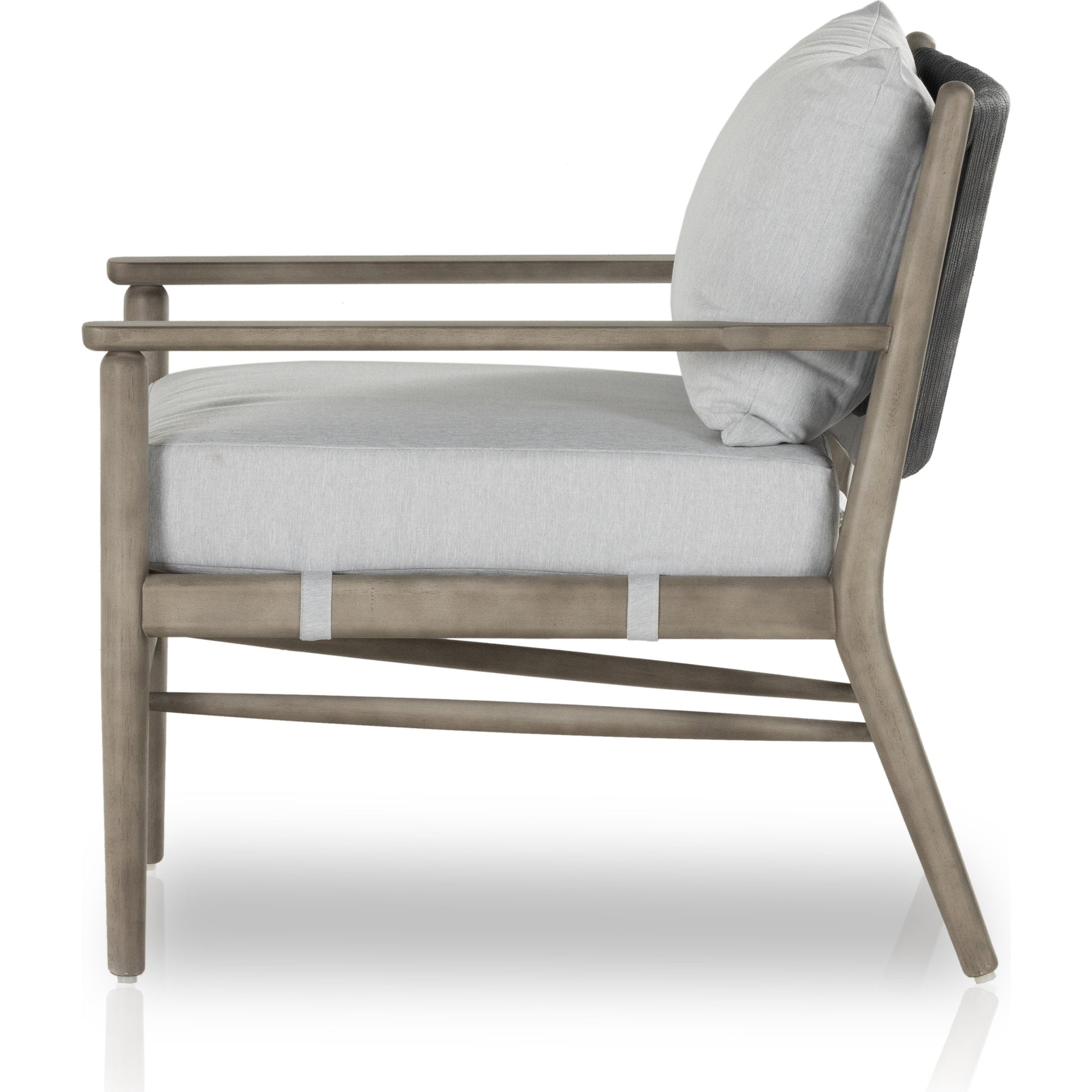 Rosen Outdoor Chair by Four Hands in lakin oat. Made from 100% olefin, solid fsc®-certified eucalyptus, 98% polypropylene, 2% polyester in a coastal style.