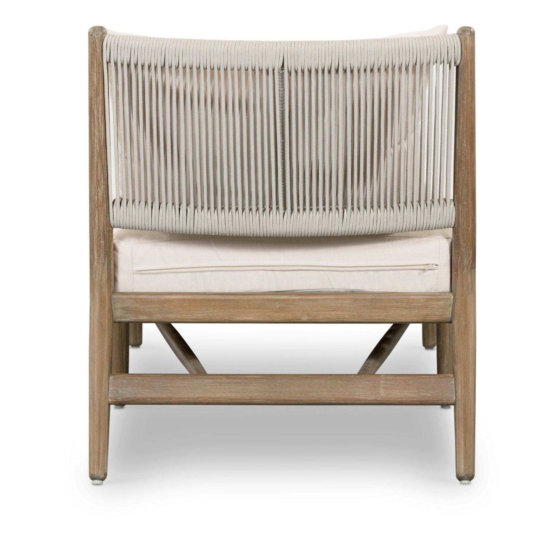 Rosen Outdoor Chaise by Four Hands in lakin oat, natural eucalyptus fsc, natural rope. Made from 100% olefin, solid fsc®-certified eucalyptus, 98% polypropylene, 2% polyester in a coastal style.