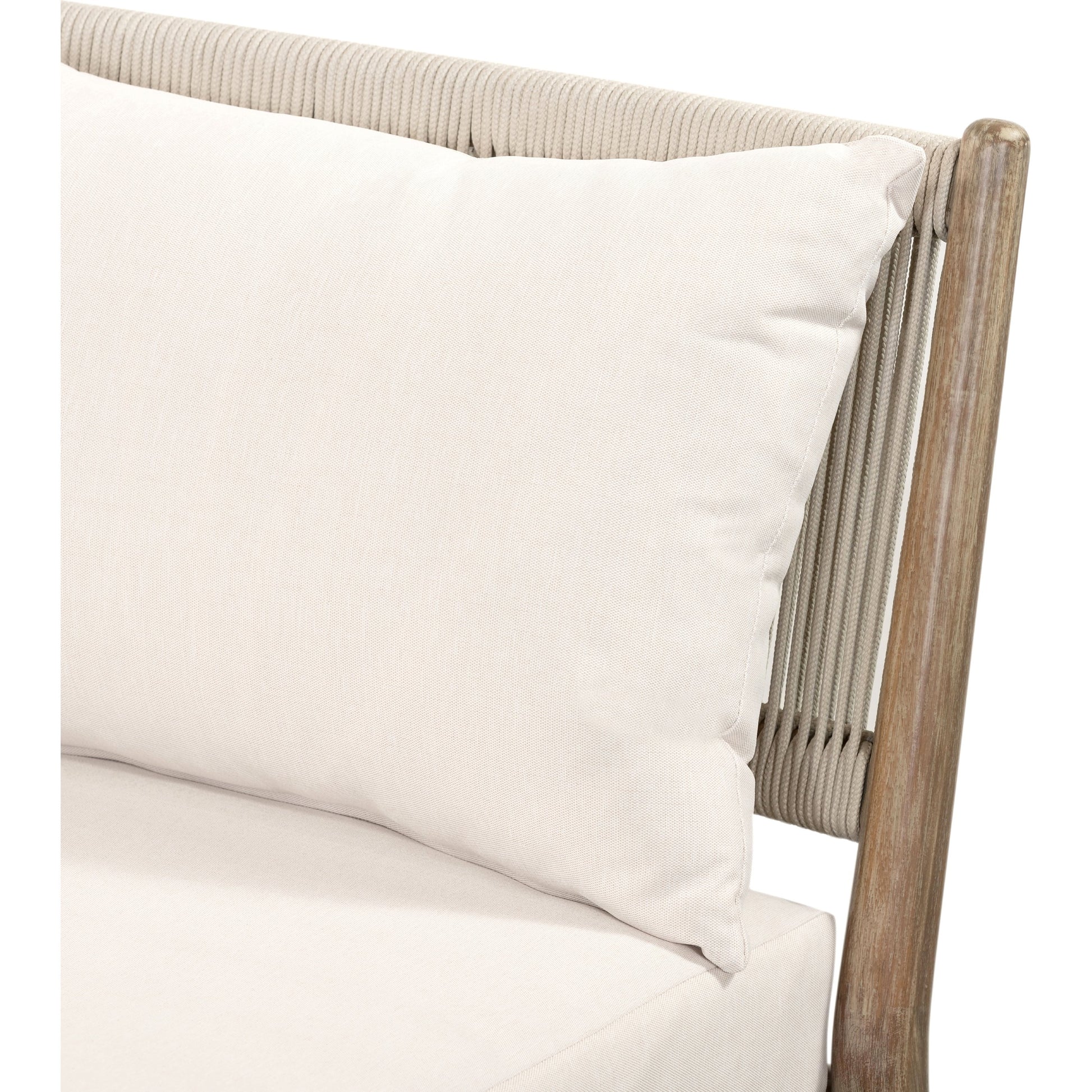 Rosen Outdoor Chaise by Four Hands in lakin oat, natural eucalyptus fsc, natural rope. Made from 100% olefin, solid fsc®-certified eucalyptus, 98% polypropylene, 2% polyester in a coastal style.