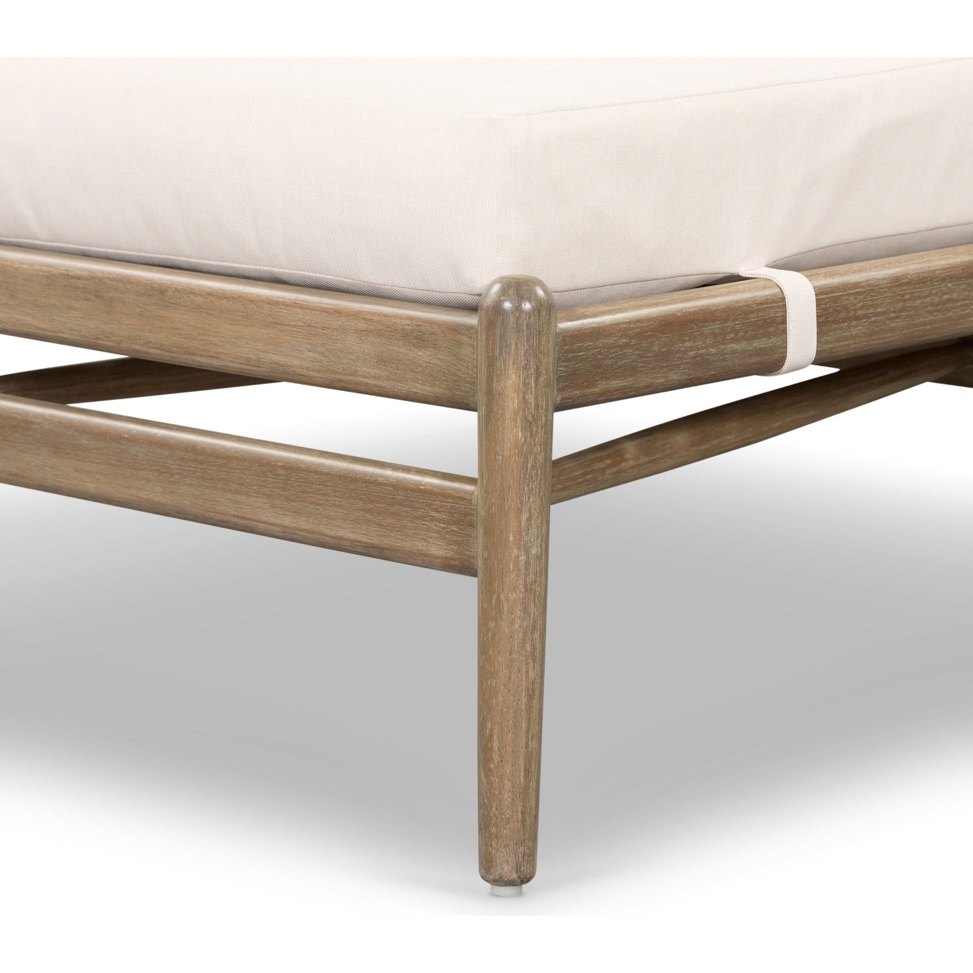 Rosen Outdoor Chaise by Four Hands in lakin oat, natural eucalyptus fsc, natural rope. Made from 100% olefin, solid fsc®-certified eucalyptus, 98% polypropylene, 2% polyester in a coastal style.