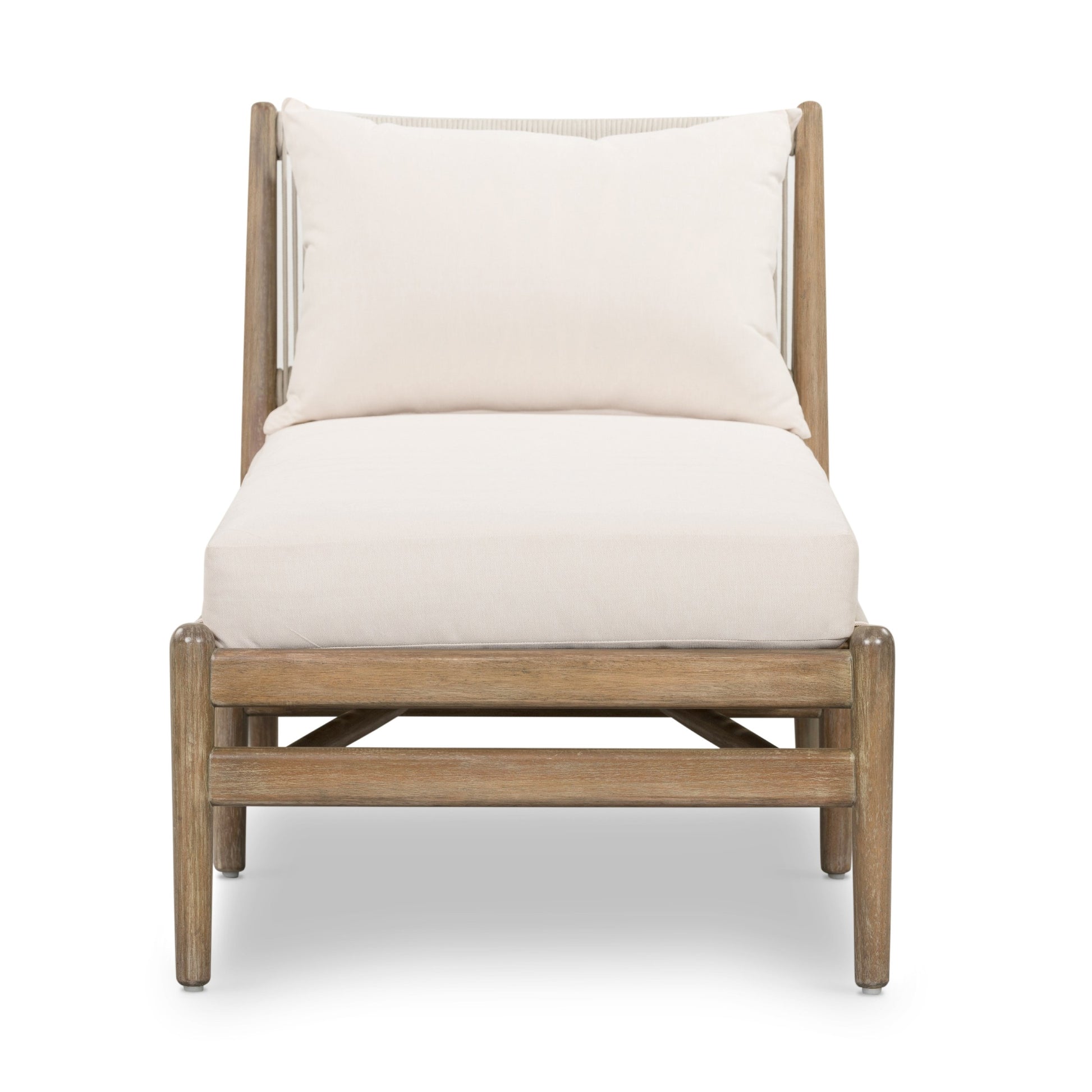 Rosen Outdoor Chaise by Four Hands in lakin oat, natural eucalyptus fsc, natural rope. Made from 100% olefin, solid fsc®-certified eucalyptus, 98% polypropylene, 2% polyester in a coastal style.