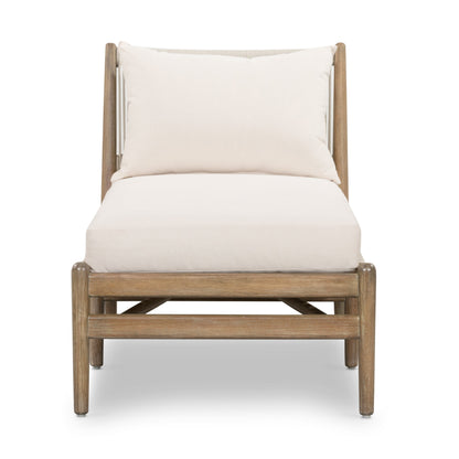 Rosen Outdoor Chaise by Four Hands in lakin oat, natural eucalyptus fsc, natural rope. Made from 100% olefin, solid fsc®-certified eucalyptus, 98% polypropylene, 2% polyester in a coastal style.