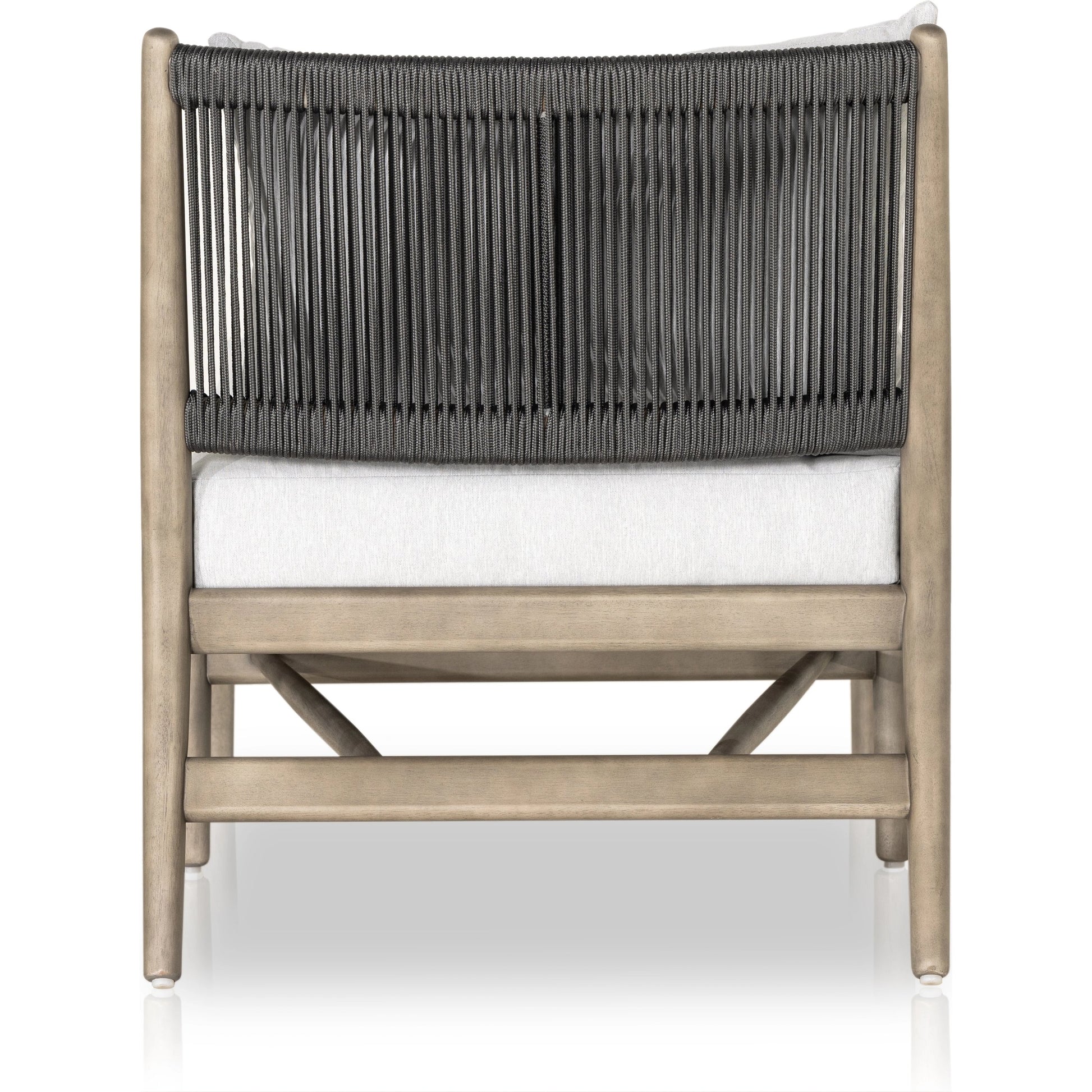 Rosen Outdoor Chaise by Four Hands in lakin oat, natural eucalyptus fsc, natural rope. Made from 100% olefin, solid fsc®-certified eucalyptus, 98% polypropylene, 2% polyester in a coastal style.