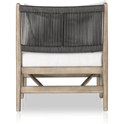 Rosen Outdoor Chaise by Four Hands in lakin oat, natural eucalyptus fsc, natural rope. Made from 100% olefin, solid fsc®-certified eucalyptus, 98% polypropylene, 2% polyester in a coastal style.