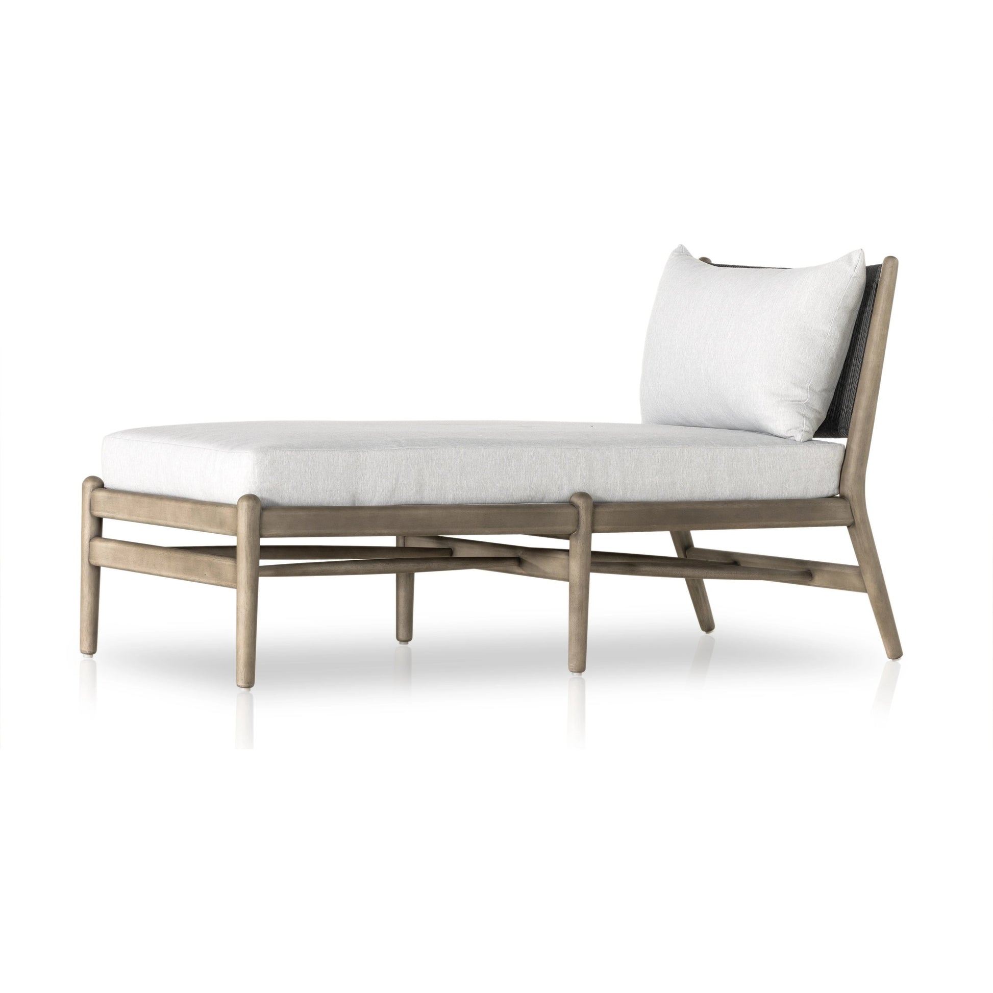 Rosen Outdoor Chaise by Four Hands in lakin oat, natural eucalyptus fsc, natural rope. Made from 100% olefin, solid fsc®-certified eucalyptus, 98% polypropylene, 2% polyester in a coastal style.