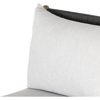 Rosen Outdoor Chaise by Four Hands in lakin oat, natural eucalyptus fsc, natural rope. Made from 100% olefin, solid fsc®-certified eucalyptus, 98% polypropylene, 2% polyester in a coastal style.