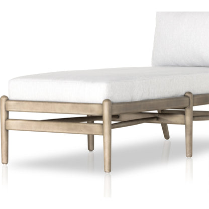 Rosen Outdoor Chaise by Four Hands in lakin oat, natural eucalyptus fsc, natural rope. Made from 100% olefin, solid fsc®-certified eucalyptus, 98% polypropylene, 2% polyester in a coastal style.