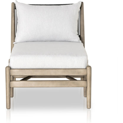 Rosen Outdoor Chaise by Four Hands in lakin oat, natural eucalyptus fsc, natural rope. Made from 100% olefin, solid fsc®-certified eucalyptus, 98% polypropylene, 2% polyester in a coastal style.
