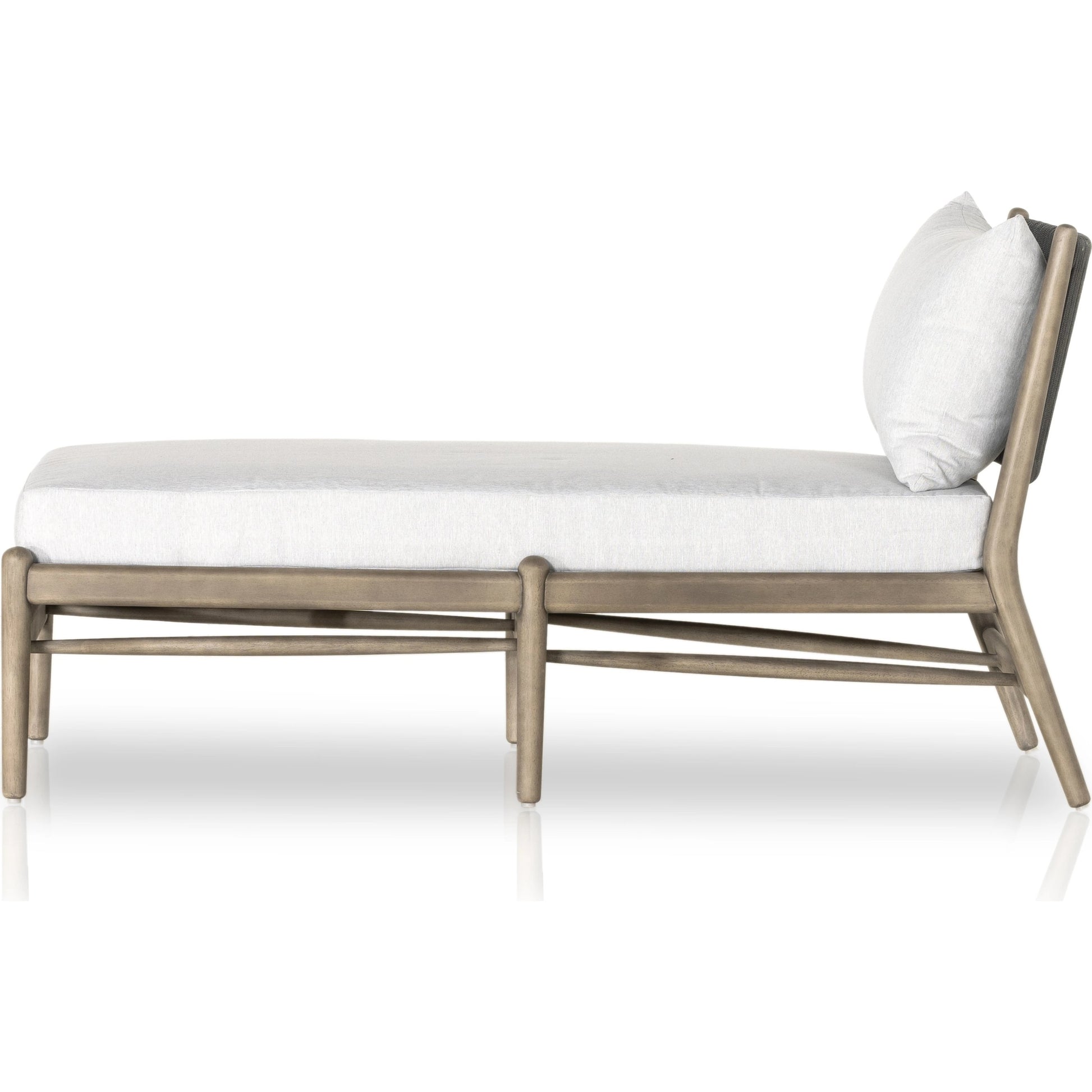 Rosen Outdoor Chaise by Four Hands in lakin oat, natural eucalyptus fsc, natural rope. Made from 100% olefin, solid fsc®-certified eucalyptus, 98% polypropylene, 2% polyester in a coastal style.