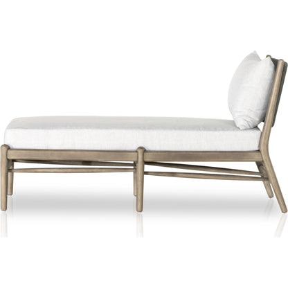 Rosen Outdoor Chaise by Four Hands in lakin oat, natural eucalyptus fsc, natural rope. Made from 100% olefin, solid fsc®-certified eucalyptus, 98% polypropylene, 2% polyester in a coastal style.