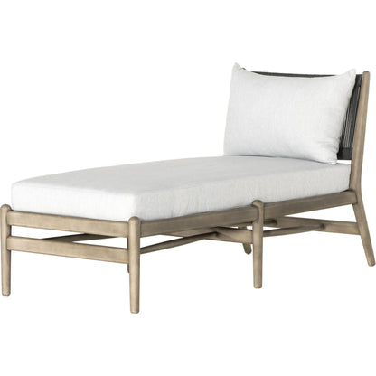 Rosen Outdoor Chaise by Four Hands in lakin oat, natural eucalyptus fsc, natural rope. Made from 100% olefin, solid fsc®-certified eucalyptus, 98% polypropylene, 2% polyester in a coastal style.
