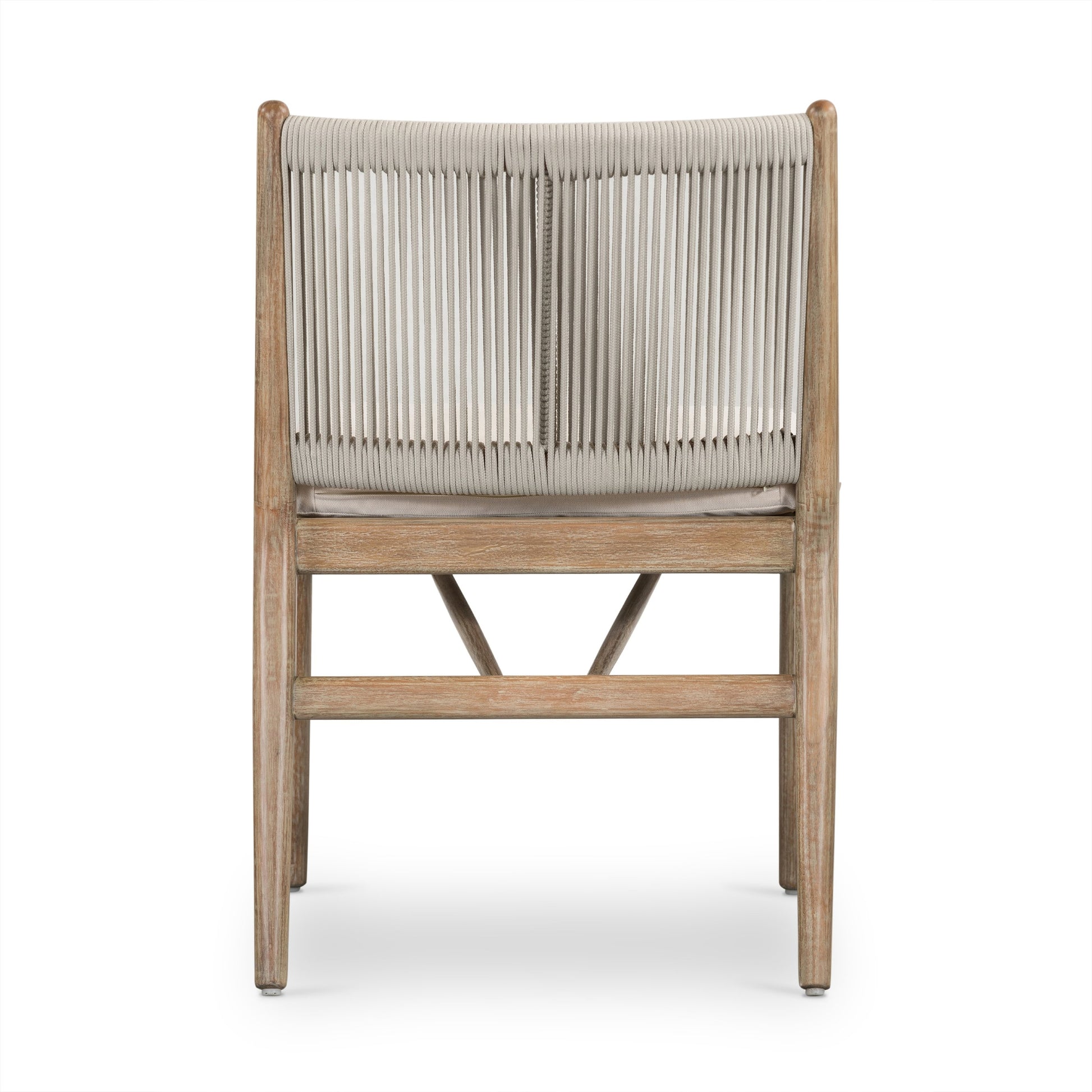 Rosen Outdoor Dining Chair by Four Hands in lakin oat. Made from 100% olefin, solid fsc®-certified eucalyptus, 98% polypropylene, 2% polyester in a coastal style.