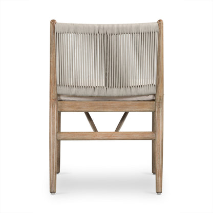 Rosen Outdoor Dining Chair by Four Hands in lakin oat. Made from 100% olefin, solid fsc®-certified eucalyptus, 98% polypropylene, 2% polyester in a coastal style.