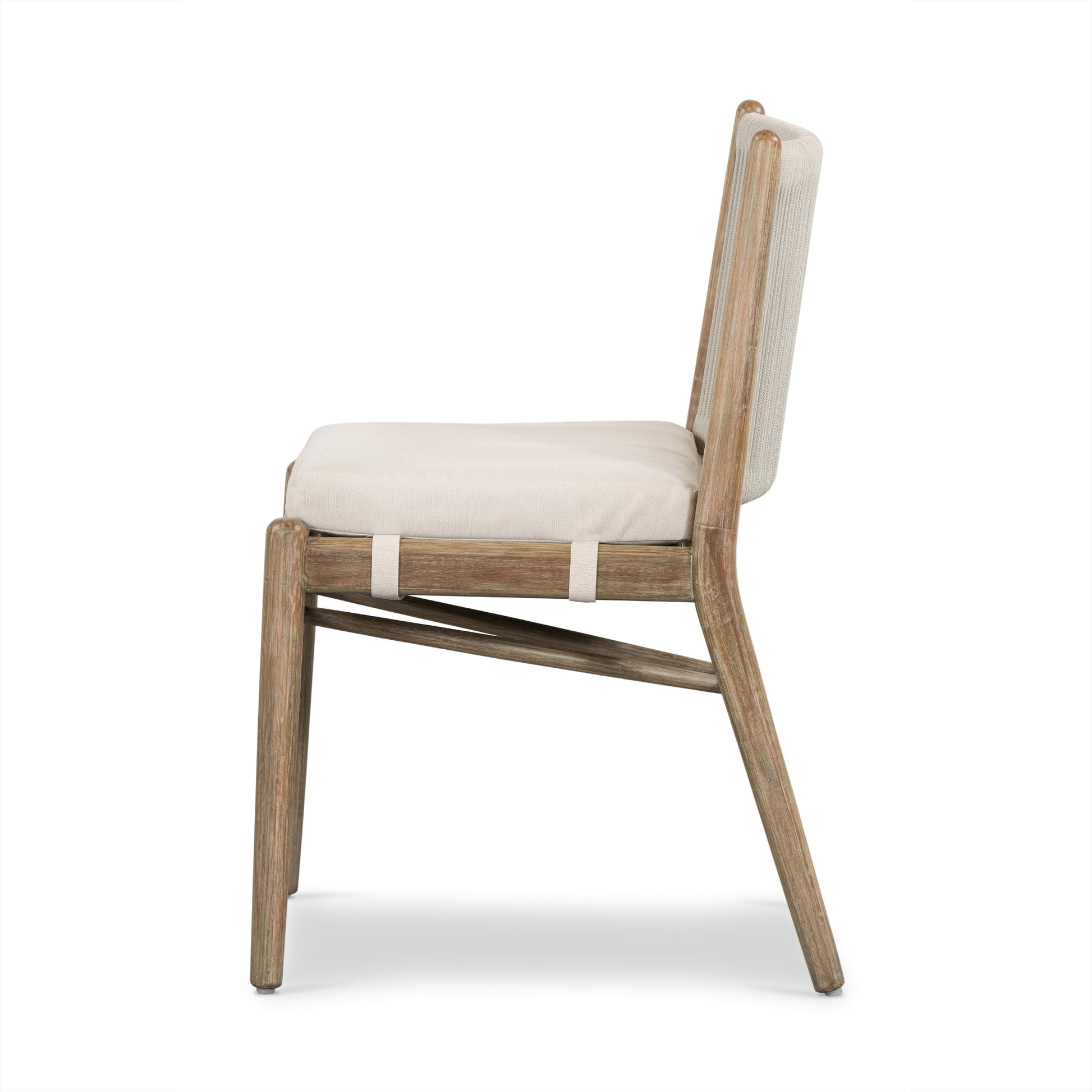 Rosen Outdoor Dining Chair by Four Hands in lakin oat. Made from 100% olefin, solid fsc®-certified eucalyptus, 98% polypropylene, 2% polyester in a coastal style.