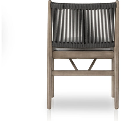 Rosen Outdoor Dining Chair by Four Hands in lakin oat. Made from 100% olefin, solid fsc®-certified eucalyptus, 98% polypropylene, 2% polyester in a coastal style.