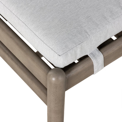 Rosen Outdoor Dining Chair by Four Hands in lakin oat. Made from 100% olefin, solid fsc®-certified eucalyptus, 98% polypropylene, 2% polyester in a coastal style.