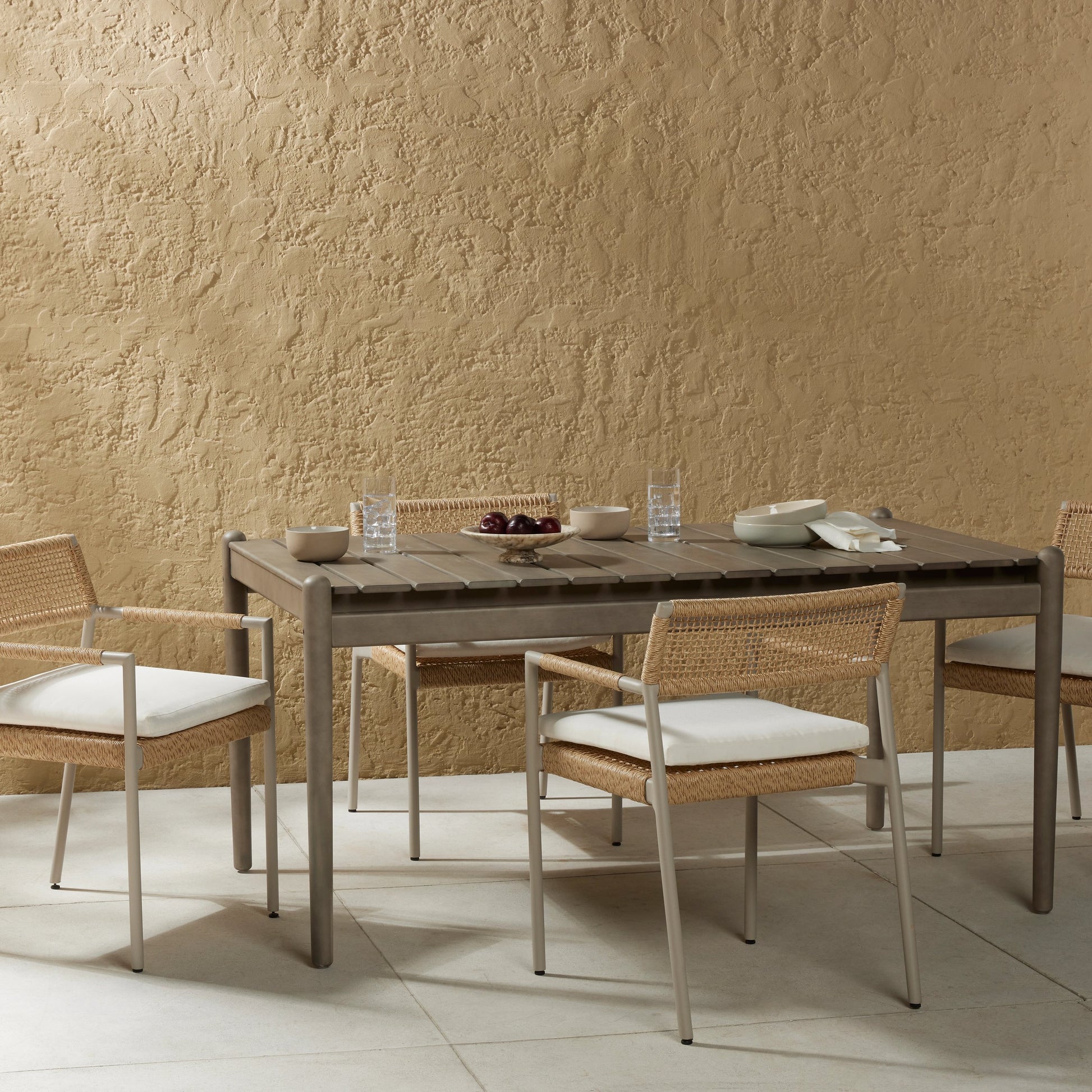 Rosen Outdoor Dining Table by Four Hands in natural eucalyptus. Made from solid fsc®-certified eucalyptus in a modern style.