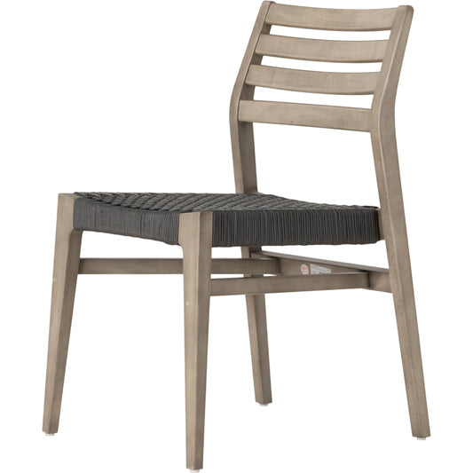 Audra Outdoor Dining Chair by Four Hands in slate grey rope, grey eucalyptus. Made from 98% polypropylene, 2% polyester, solid fsc®-certified eucalyptus in a coastal style.