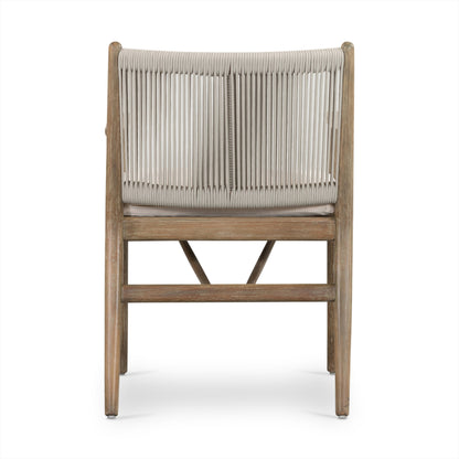 Rosen Outdoor Dining Armchair by Four Hands in natural rope, lakin oat and natural eucalyptus. Made from 100% olefin, solid fsc®-certified eucalyptus, 98% polypropylene, 2% polyester in a coastal style.