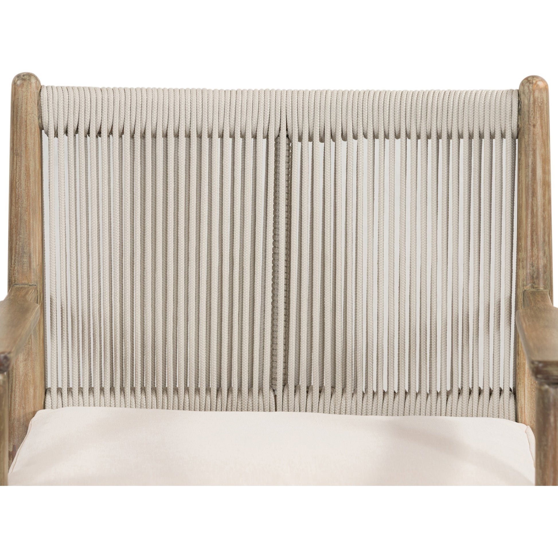 Rosen Outdoor Dining Armchair by Four Hands in natural rope, lakin oat and natural eucalyptus. Made from 100% olefin, solid fsc®-certified eucalyptus, 98% polypropylene, 2% polyester in a coastal style.