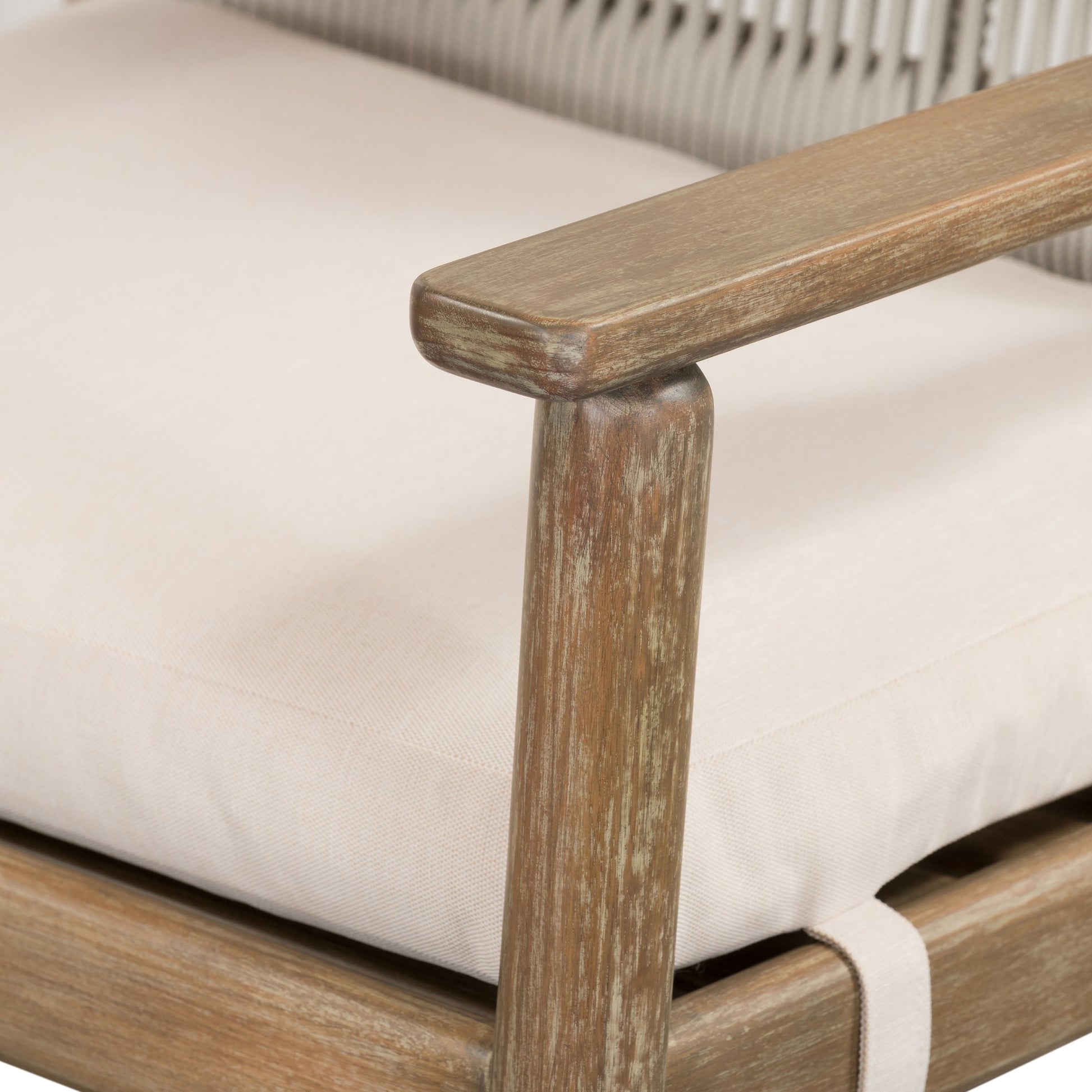 Rosen Outdoor Dining Armchair by Four Hands in natural rope, lakin oat and natural eucalyptus. Made from 100% olefin, solid fsc®-certified eucalyptus, 98% polypropylene, 2% polyester in a coastal style.