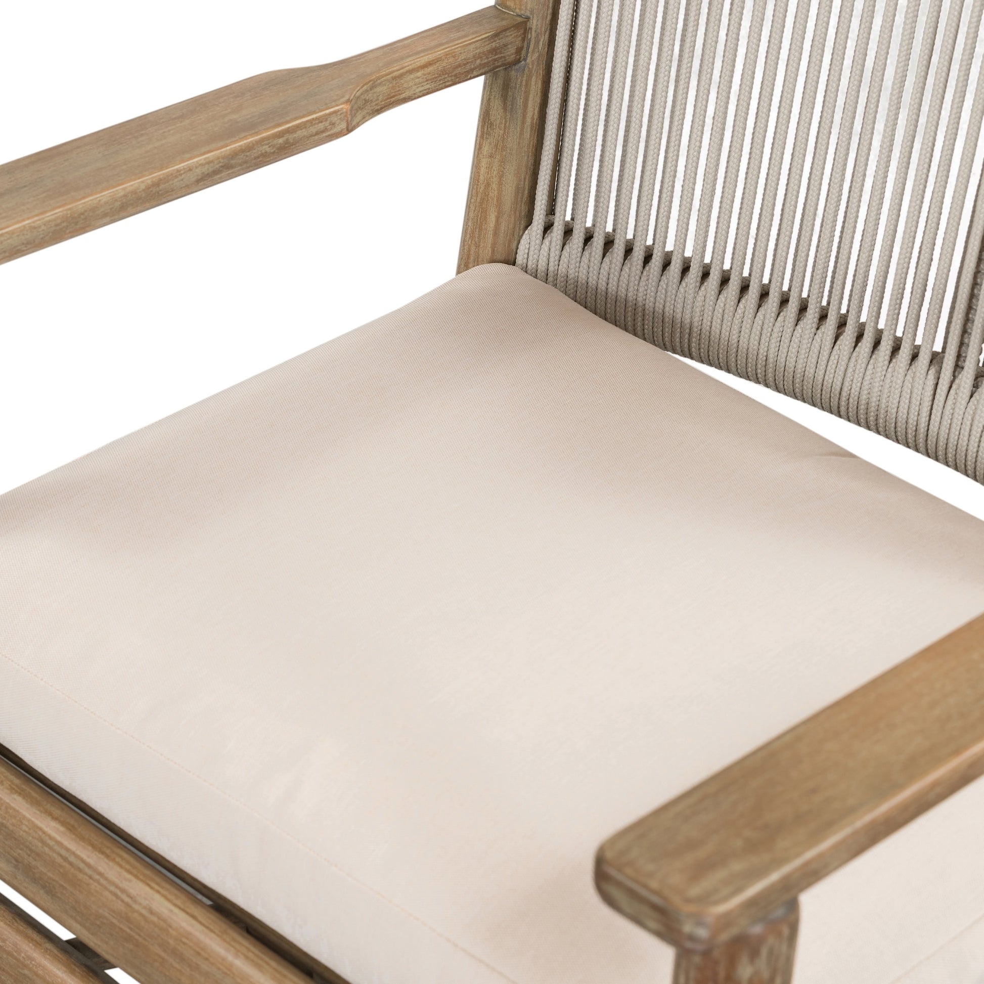 Rosen Outdoor Dining Armchair by Four Hands in natural rope, lakin oat and natural eucalyptus. Made from 100% olefin, solid fsc®-certified eucalyptus, 98% polypropylene, 2% polyester in a coastal style.