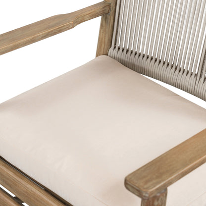 Rosen Outdoor Dining Armchair by Four Hands in natural rope, lakin oat and natural eucalyptus. Made from 100% olefin, solid fsc®-certified eucalyptus, 98% polypropylene, 2% polyester in a coastal style.