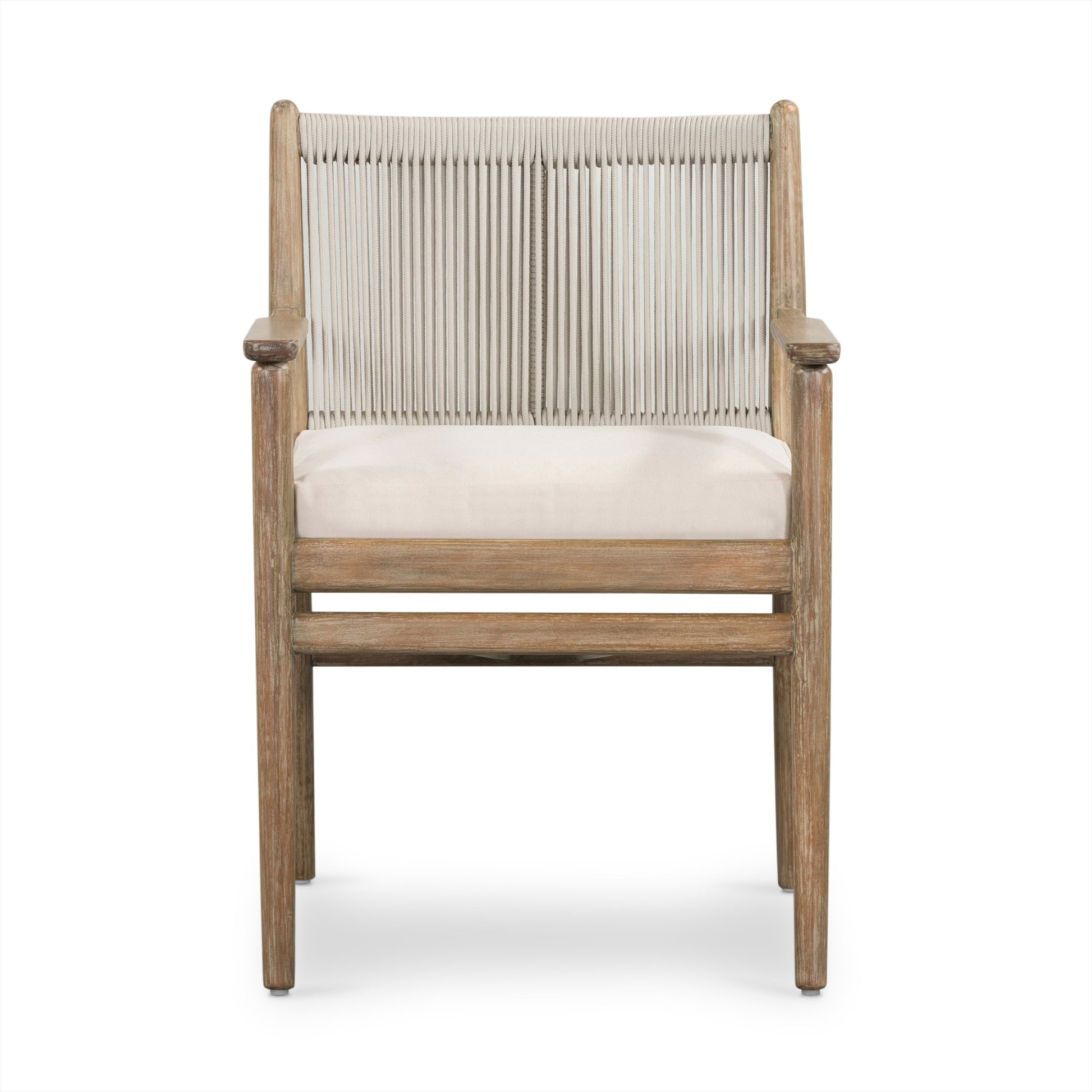 Rosen Outdoor Dining Armchair by Four Hands in natural rope, lakin oat and natural eucalyptus. Made from 100% olefin, solid fsc®-certified eucalyptus, 98% polypropylene, 2% polyester in a coastal style.