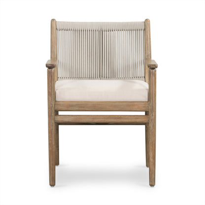 Rosen Outdoor Dining Armchair by Four Hands in natural rope, lakin oat and natural eucalyptus. Made from 100% olefin, solid fsc®-certified eucalyptus, 98% polypropylene, 2% polyester in a coastal style.