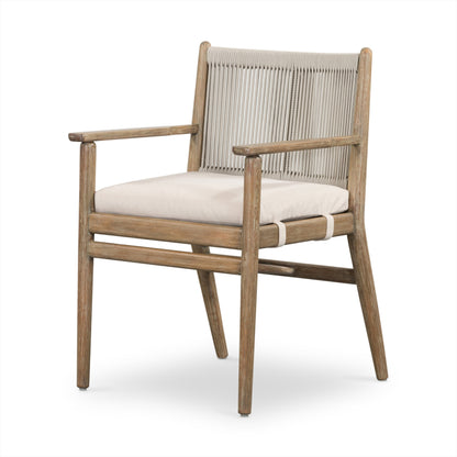 Rosen Outdoor Dining Armchair by Four Hands in natural rope, lakin oat and natural eucalyptus. Made from 100% olefin, solid fsc®-certified eucalyptus, 98% polypropylene, 2% polyester in a coastal style.