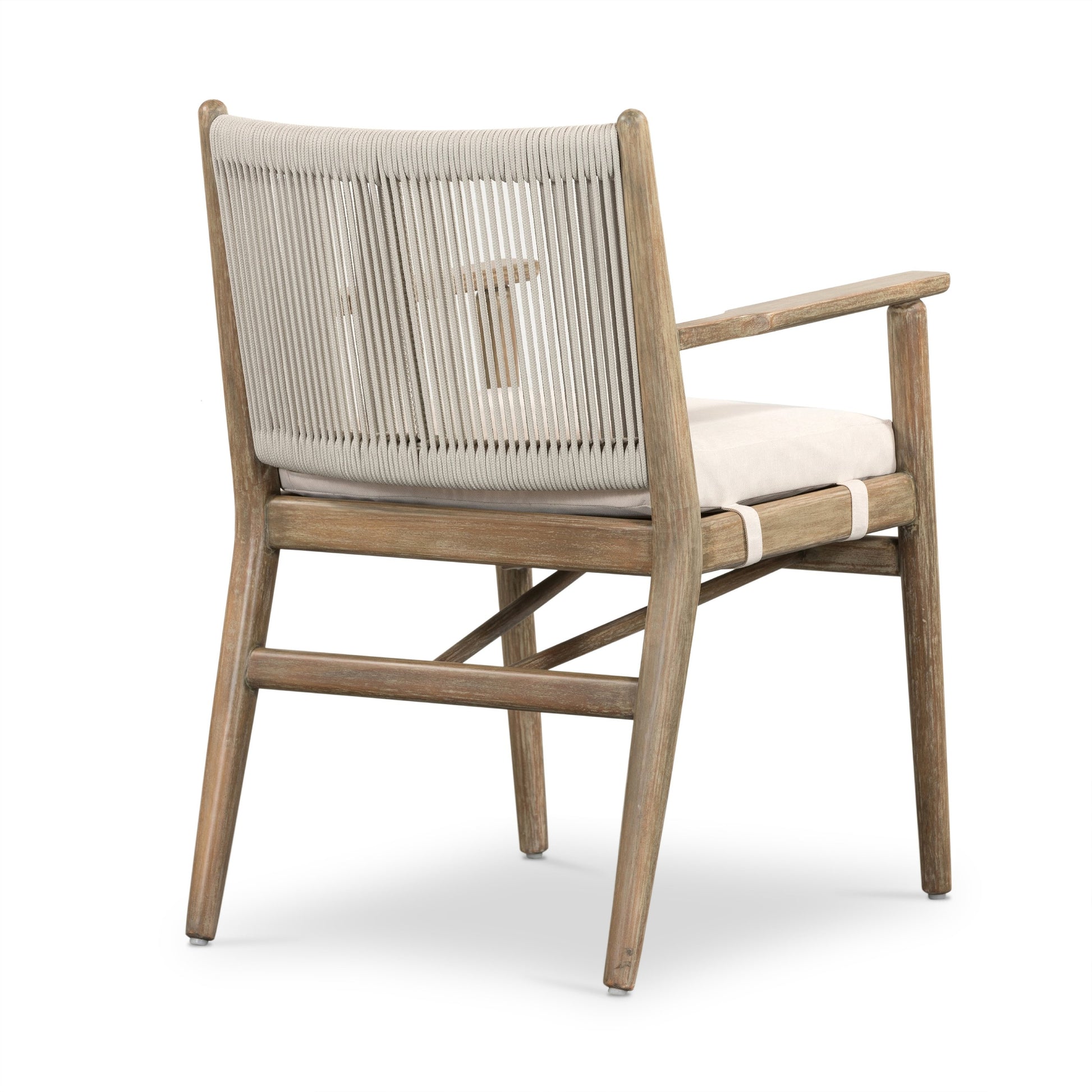 Rosen Outdoor Dining Armchair by Four Hands in natural rope, lakin oat and natural eucalyptus. Made from 100% olefin, solid fsc®-certified eucalyptus, 98% polypropylene, 2% polyester in a coastal style.