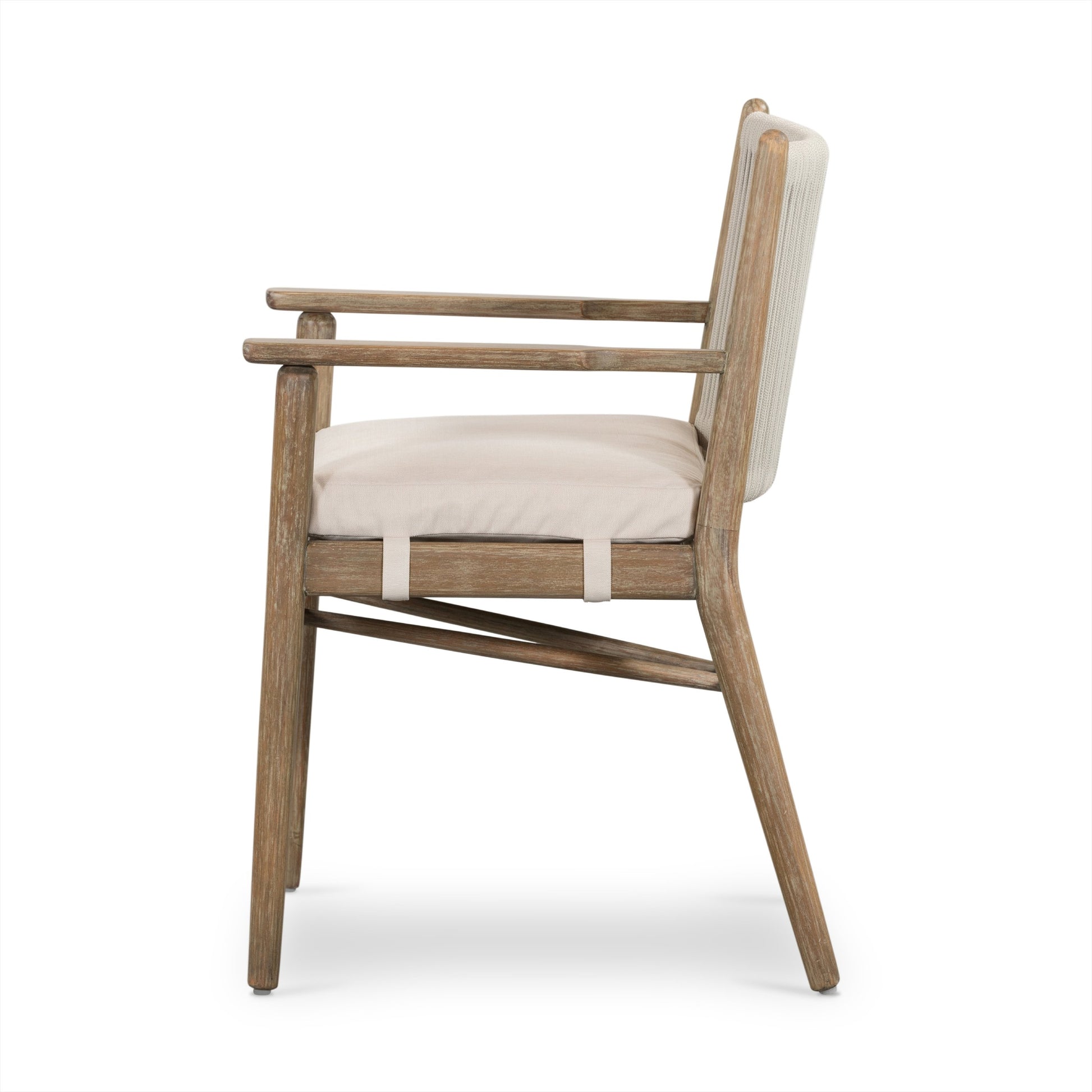Rosen Outdoor Dining Armchair by Four Hands in natural rope, lakin oat and natural eucalyptus. Made from 100% olefin, solid fsc®-certified eucalyptus, 98% polypropylene, 2% polyester in a coastal style.