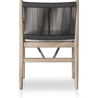 Rosen Outdoor Dining Armchair by Four Hands in natural rope, lakin oat and natural eucalyptus. Made from 100% olefin, solid fsc®-certified eucalyptus, 98% polypropylene, 2% polyester in a coastal style.